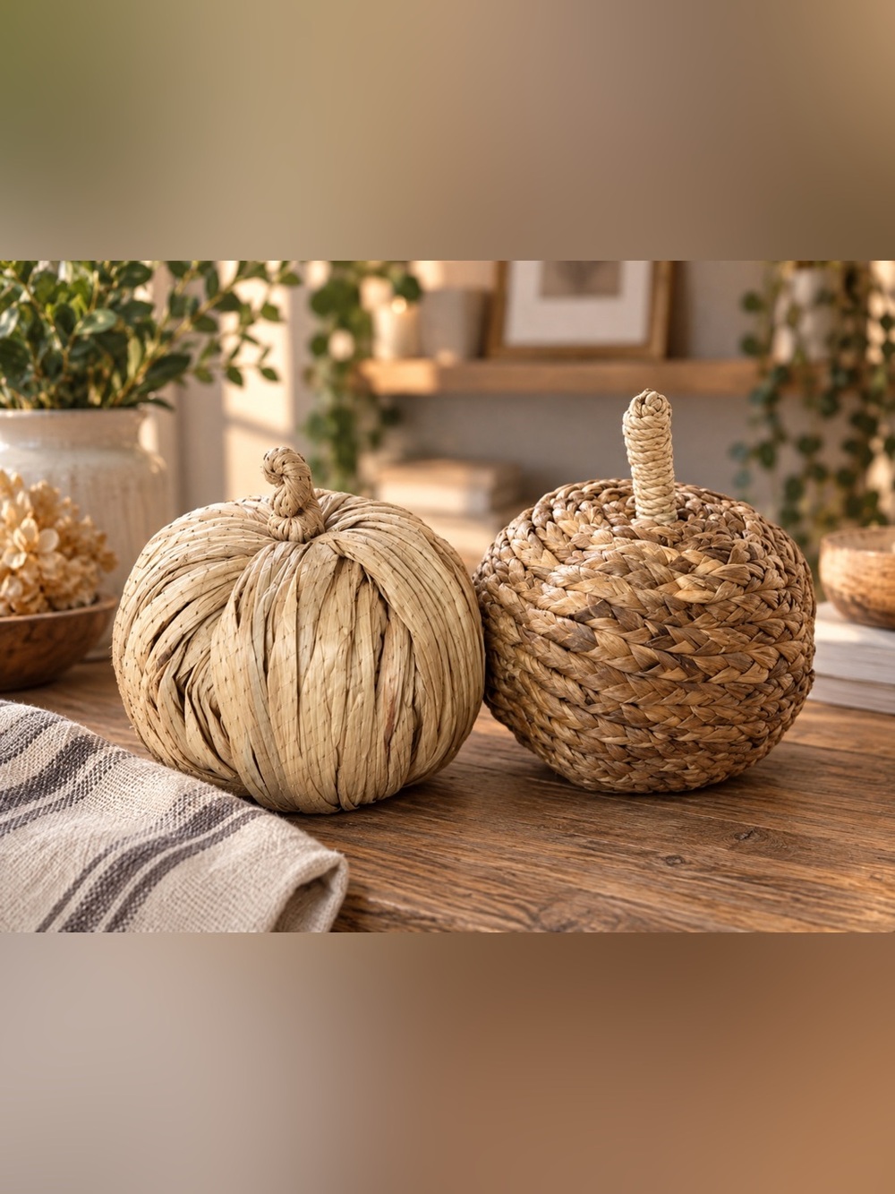 Handwoven Decorative Pumpkin Set in Beige and Brown - Natural Fiber Accents
